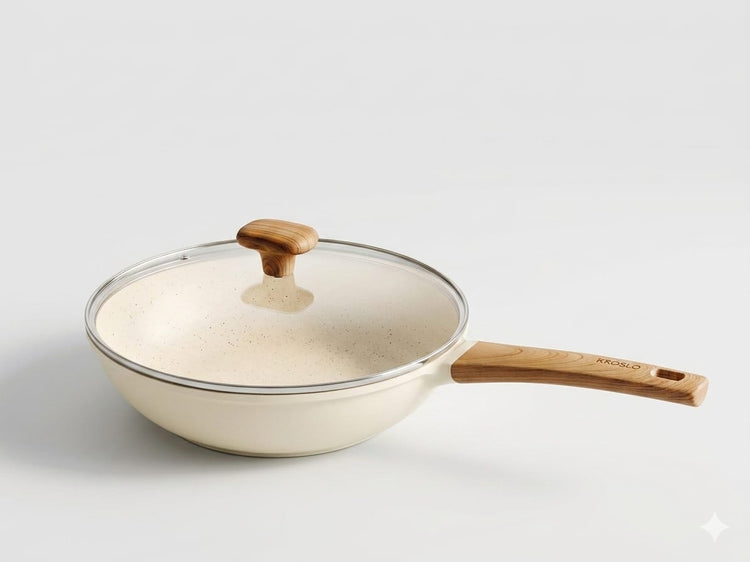 Kroslo Sierra Collection 28cm Wok Pan with Glass Lid | 3.6 Litre Ceramic Coated Non-Stick Kadai | Induction & Gas Compatible Deep Fry Pan