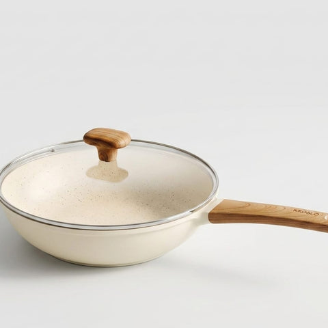 Kroslo Sierra Collection 28cm Wok Pan with Glass Lid | 3.6 Litre Ceramic Coated Non-Stick Kadai | Induction & Gas Compatible Deep Fry Pan