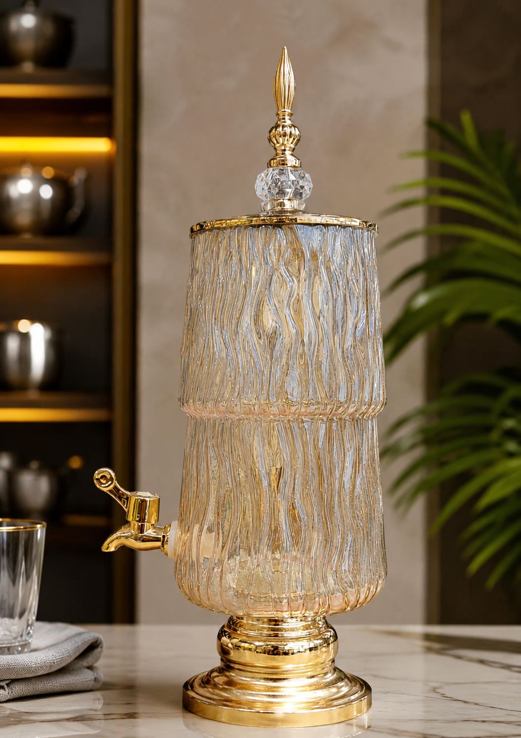 Luxury Ribbed Glass Beverage Dispenser with Gold Finish Tap & Lid | Premium Cocktail, Juice & Water Server for Home, Parties & Events