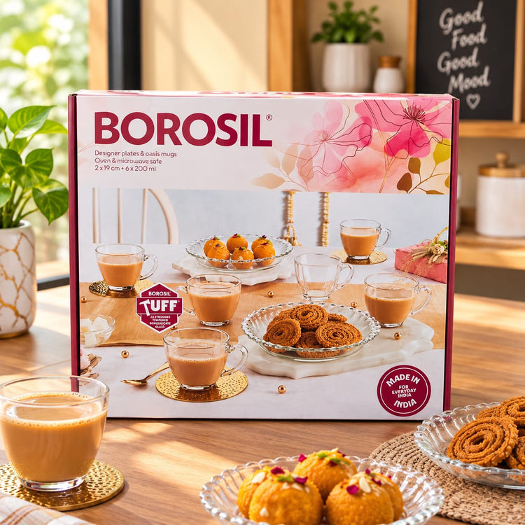 Borosil 8-Piece Designer Plates & Oasis Mugs Serving Set – 2 Extra-Strong Tempered Glass Snack Plates (19 cm) & 6 Tea/Coffee Cups (200 ml) – Oven & Microwave Safe Clear Glassware