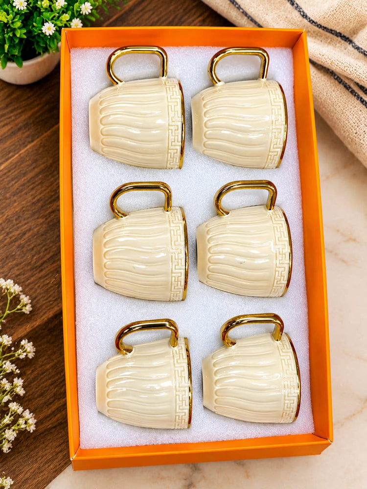 Premium 6-Piece Ceramic Tea and Coffee Cup Set with Gold Handles – Luxury Ivory Ribbed Mugs with Greek Key Pattern – Elegant Espresso Cup Set in Orange Gift Box for Weddings, Housewarmings & Hosting