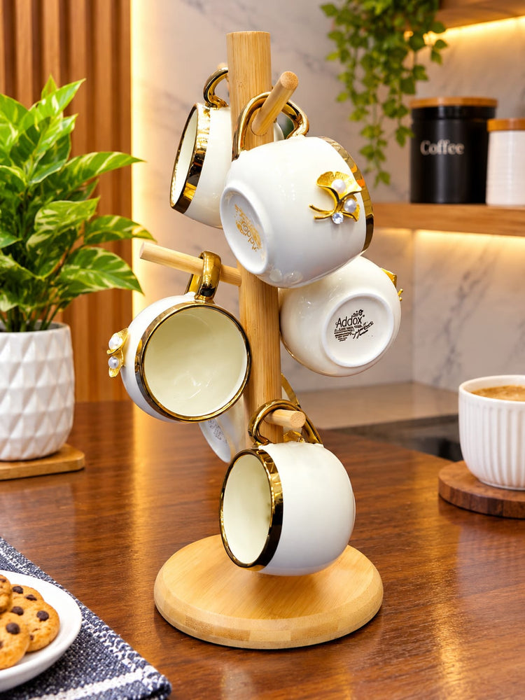Addox 6-Piece Ceramic Coffee Mug Set with Bamboo Wooden Stand – Elegant White & Gold Tea Cups with 3D Floral Pearl Embellishments – Luxury Espresso Cup Tree Rack for Kitchen Counter & Gifting