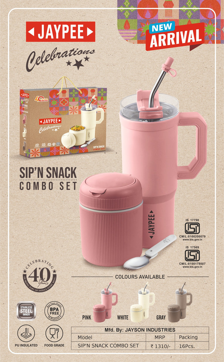 Jaypee Sip'N Snack Combo Set | Insulated Travel Mug with Straw & Snack/Tiffin Container | Stainless Steel Inner, BPA-Free, Food Grade & PU Insulated**