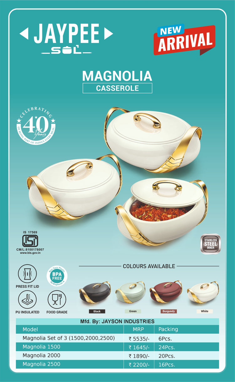 Jaypee Magnolia 1500 Casserole | PU Insulated Stainless Steel Inner Serving Casserole | BPA-Free, Food Grade, Press-Fit Lid | 1500ml
