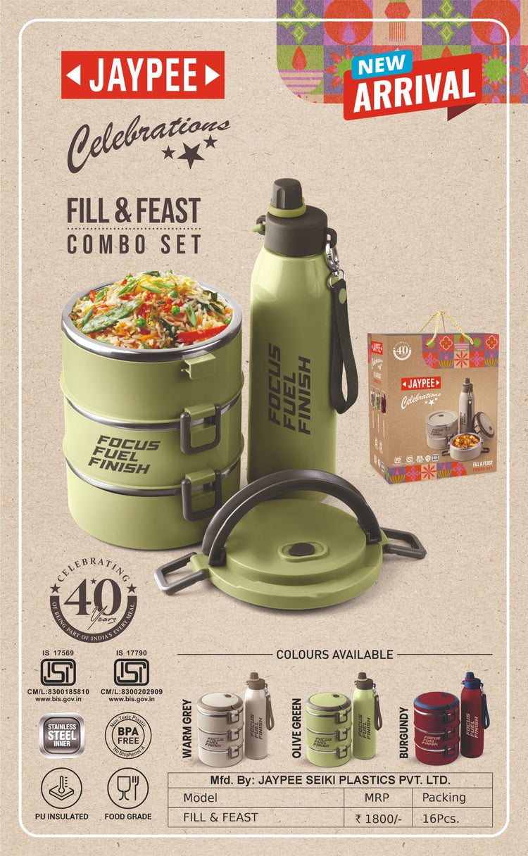 Jaypee Fill & Feast Combo Set | Insulated Stainless Steel Lunch Box & Water Bottle Set | Food Grade, BPA-Free Tiffin Set with PU Insulation