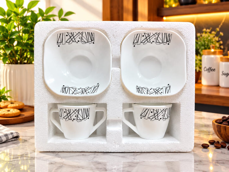 Premium Ceramic Tea & Coffee Cup Set with Saucers | 2 Cups & 2 Square Saucers | Elegant Printed Ceramic Coffee Mug Set for Home, Office & Gifting