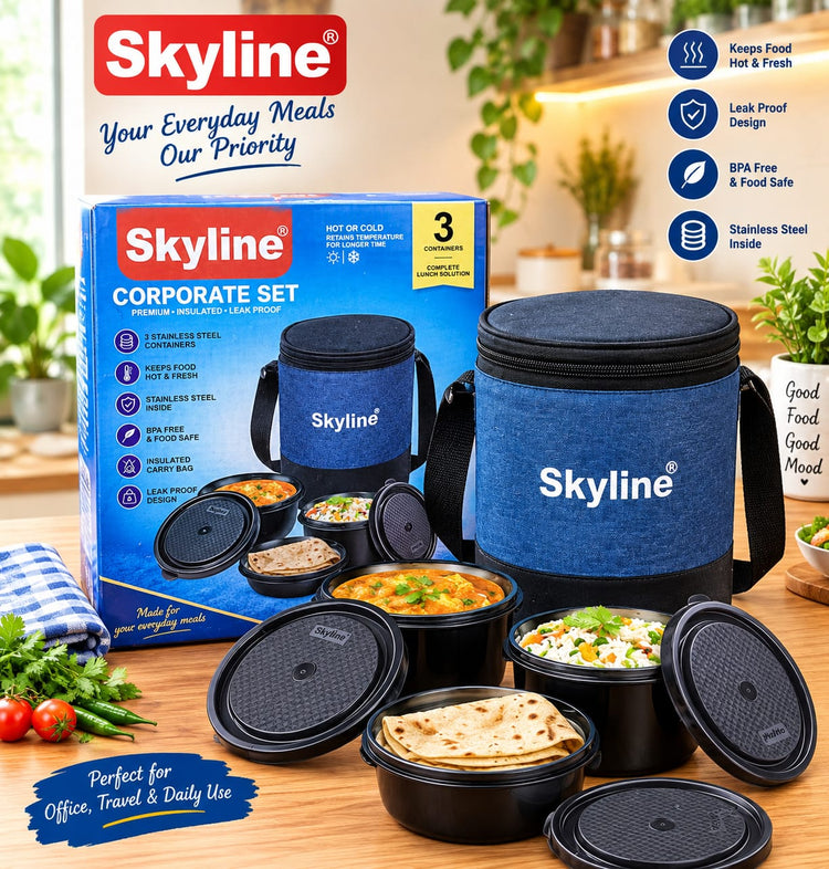 Skyline Corporate Lunch Box Set with 3 Stainless Steel Containers | Insulated Tiffin Box with Thermal Carry Bag | Leak-Proof Food Storage for Office, School & Travel | Hot & Fresh Food Container