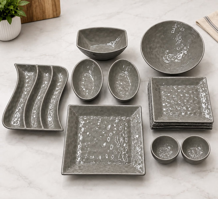 Addox 14 Pcs Premium Ceramic Platter & Serving Dinner Set | Hammered Texture Tableware Set with 6 Square Quarter Plates, Serving Bowls & Snack Platter