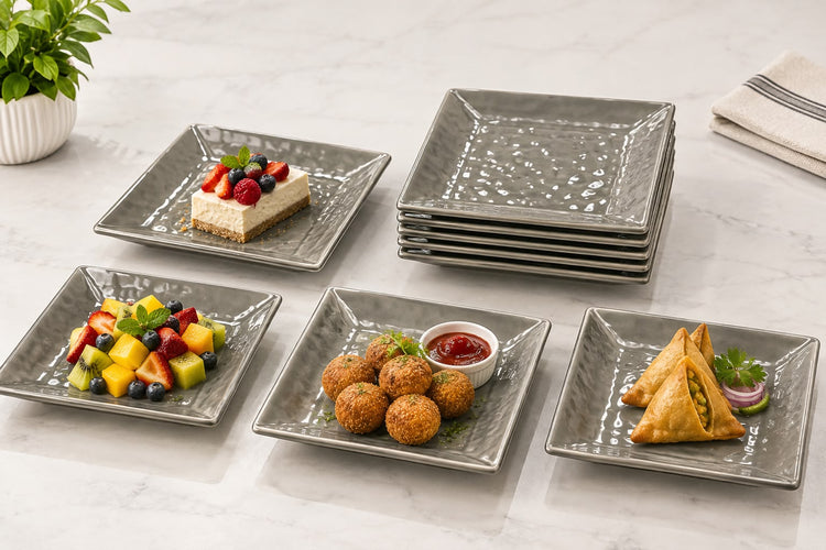 Addox 14 Pcs Premium Ceramic Platter & Serving Dinner Set | Hammered Texture Tableware Set with 6 Square Quarter Plates, Serving Bowls & Snack Platter
