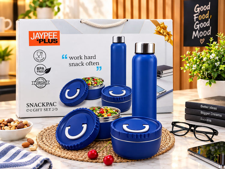 Jaypee Plus Snackpac Gift Set – 2 Blue Water Bottles & 2 Stainless Steel Food Containers, BPA-Free Lunch Box & Bottle Set for Office, School & Travel