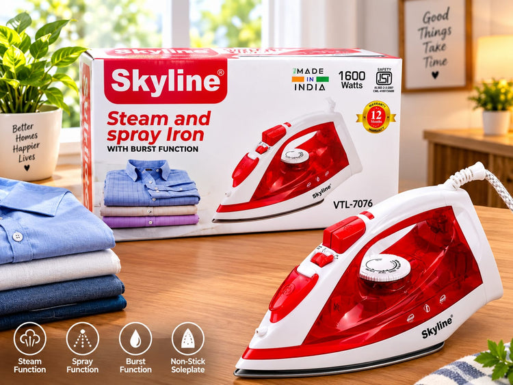 Skyline VTL-7076 Steam and Spray Iron – 1600 Watt Heavy-Duty Garment Iron with Burst Function, Non-Stick Soleplate, Steam Function, ISI Certified, and 1-Year Warranty for Clothes Pressing and Home Laundry