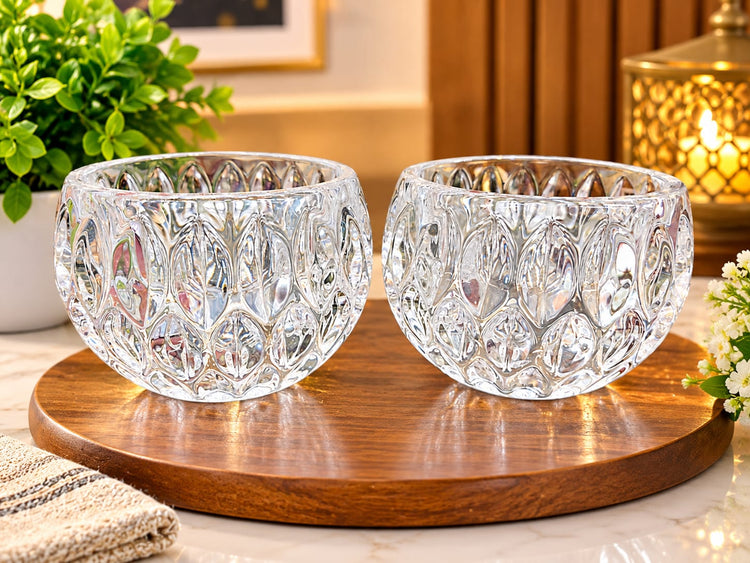 Crystal Cut Glass Serving Bowls Set of 2 – Elegant Transparent Leaf-Pattern Snack Bowls, Heavy-Base Decorative Bowls for Dry Fruits, Candies, Desserts, Salads, Tabletop Decor, and Home Gifting