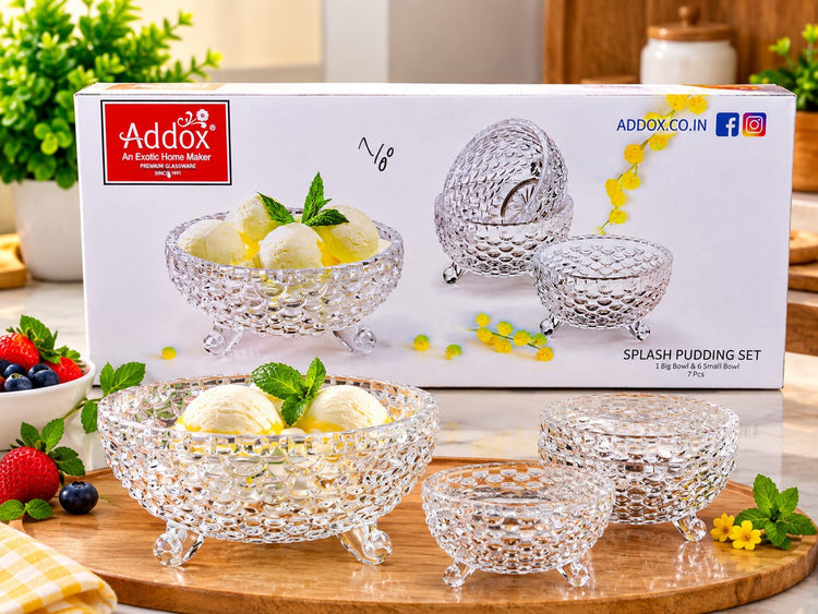 Addox Splash Pudding Set of 7 – Crystal Clear Footed Glass Serveware Combo with 1 Large Serving Bowl and 6 Small Dessert Bowls, Textured Scale Pattern Glassware for Ice Cream, Fruit Salad, Custard, and Dining Table Gifting