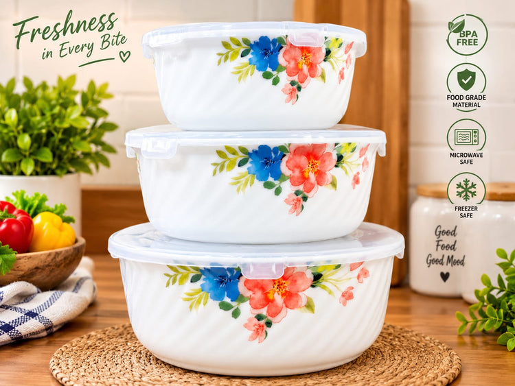 Floral Print Glass Storage Bowl Set of 3 – Airtight Transparent Food Containers with Lids, BPA-Free, Food-Grade, Microwave and Freezer Safe Nesting Bowls for Kitchen Storage, Meal Prep, and Serving