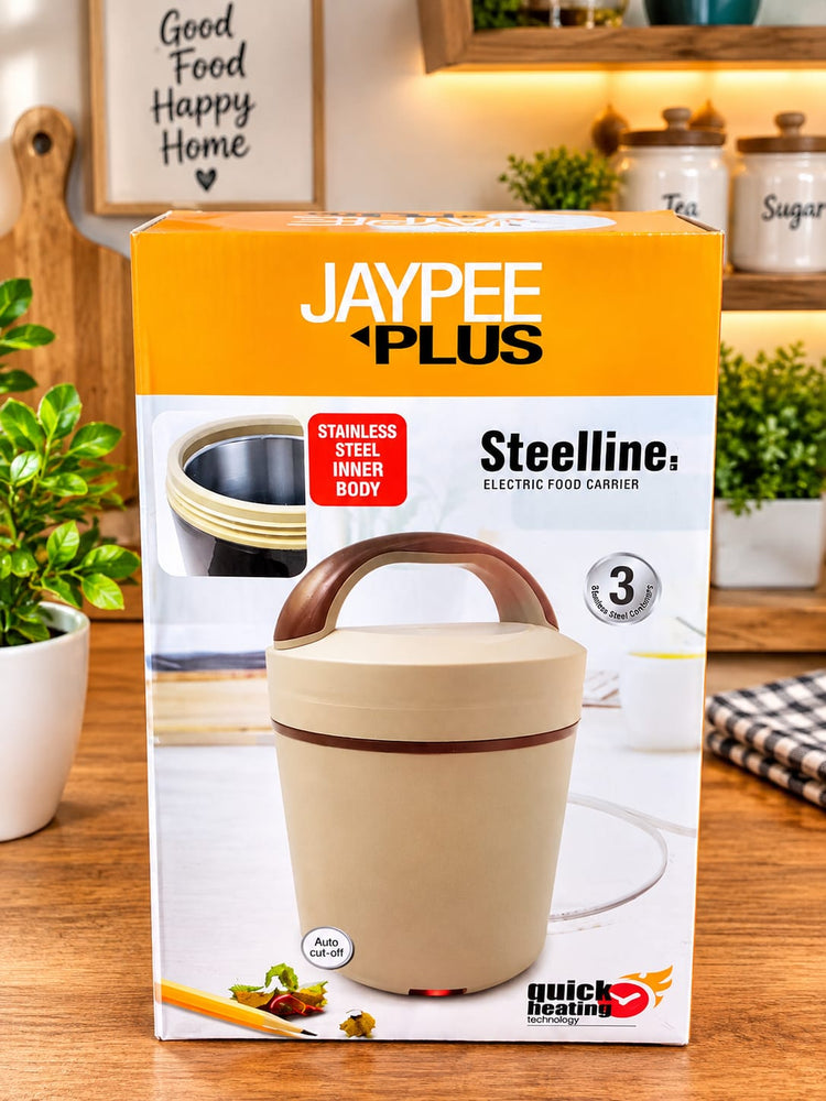 Jaypee Plus Steelline Electric Food Carrier – Self-Heating Lunch Box with Stainless Steel Inner Body and 3 Containers, Quick Heating Technology with Auto Cut-Off, Portable Thermal Tiffin for Office, Work, and Travel