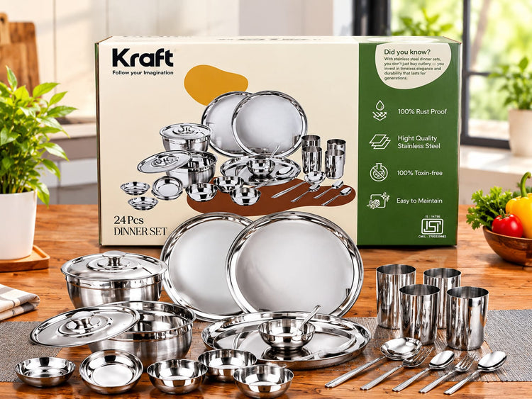 Kraft 24-Piece Stainless Steel Dinner Set – 100% Rust-Proof, High-Quality Toxin-Free Kitchen Dining Set with Plates, Bowls, Glasses, and Cutlery, ISI Certified Heavy-Gauge Glossy Finish Crockery for Home and Gifting