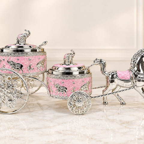Luxury Pink & Silver Dry Fruit Container Set with Royal Horse Carriage Design, Decorative Stand & 2 Serving Spoons