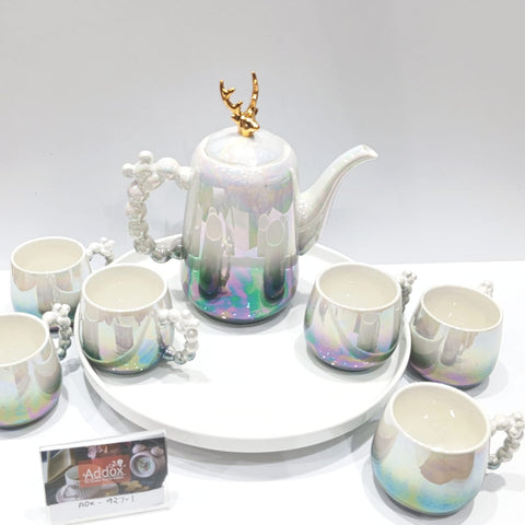 Addox 360° Rotating Tea Kettle Set – Microwave-Safe Kettle + 6-Piece Cup Set on Swivel Tray- Pink Color