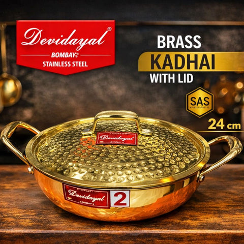Devidayal Premium Brass Kadhai with Lid 24cm (3.2Ltrs)- Traditional Hammered Design, Durable & Elegant Cookware