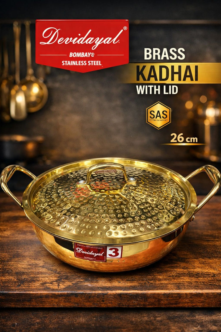 Devidayal Premium Brass Kadhai with Lid 26cm (3.9Ltrs)- Traditional Hammered Design, Durable & Elegant Cookware