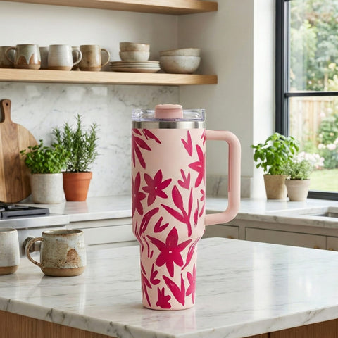 Stanley Insulated Tumbler with Handle βStainless Steel Travel Mug, Keeps Drinks Cold 11 Hours & Hot 8 Hours (Pink Floral)