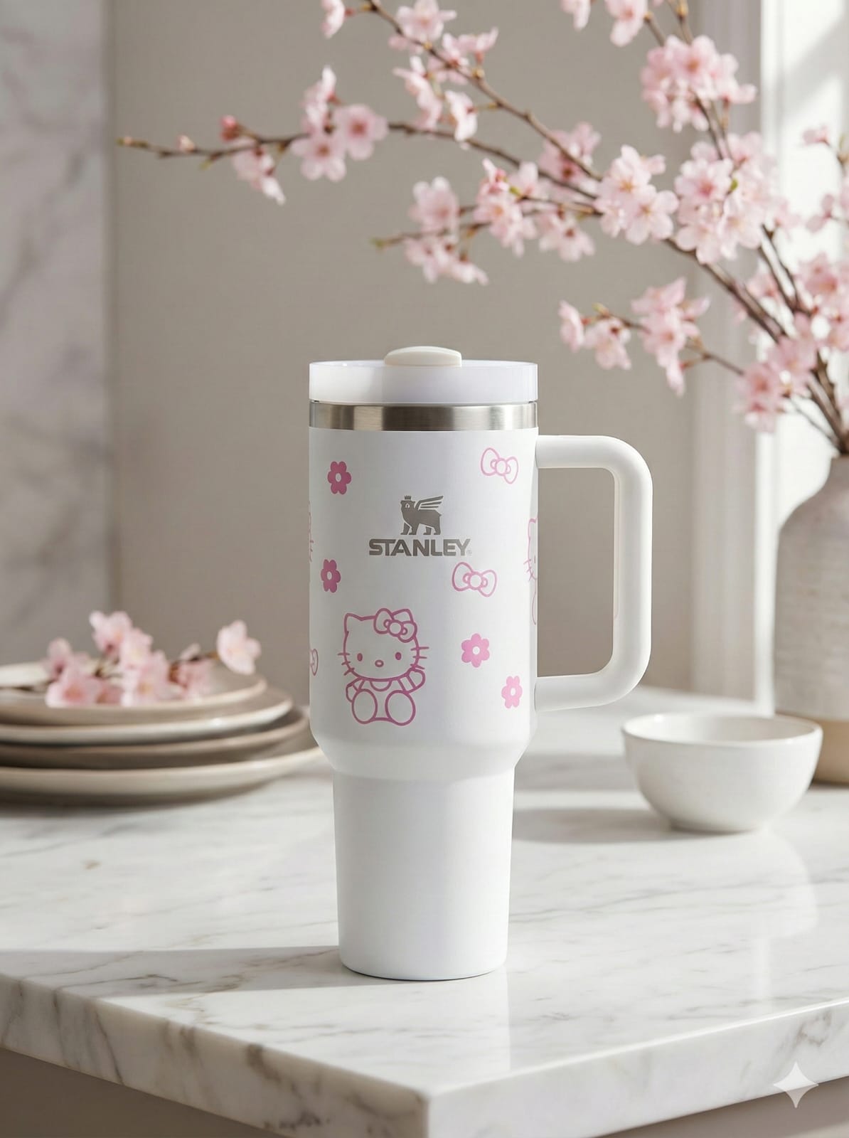 Stanley Insulated Tumbler with Handle –Stainless Steel Travel Mug, Keeps Drinks Cold 11 Hours & Hot 8 Hours (White Kitty)