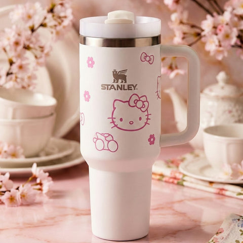 Stanley Insulated Tumbler with Handle βStainless Steel Travel Mug, Keeps Drinks Cold 11 Hours & Hot 8 Hours (White Kitty)