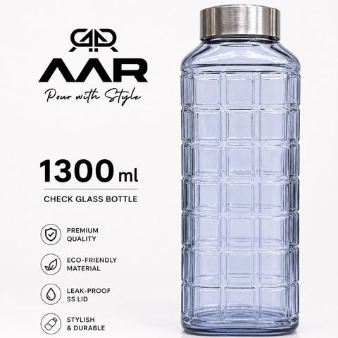 AAR - Elite Toughened Glass Water Bottles, Microwave & Freezer Safe, Leak Proof with Airtight Stainless Steel Gasket Sealed Lid, Scratch Resistant, Blue - 1300ML
