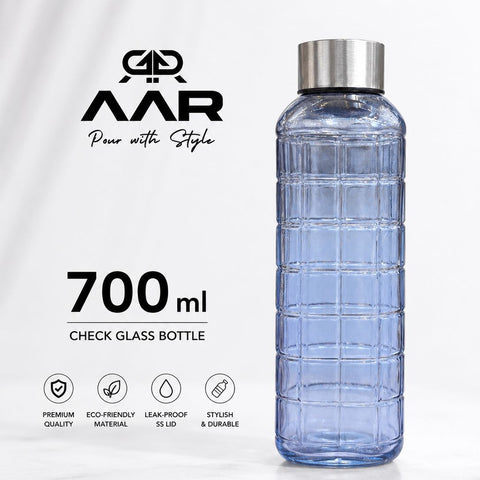 AAR - Elite Toughened Glass Water Bottles, Microwave & Freezer Safe, Leak Proof with Airtight Stainless Steel Gasket Sealed Lid, Scratch Resistant, Blue - 700ML