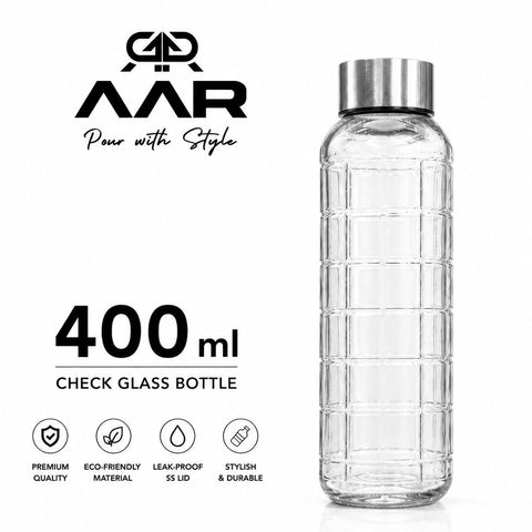 AAR - Elite Toughened Glass Water Bottles, Microwave & Freezer Safe, Leak Proof with Airtight Stainless Steel Gasket Sealed Lid, Scratch Resistant, Transparent - 400ML