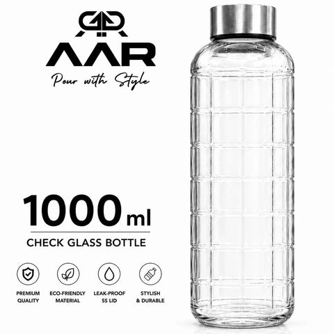 AAR - Elite Toughened Glass Water Bottles, Microwave & Freezer Safe, Leak Proof with Airtight Stainless Steel Gasket Sealed Lid, Scratch Resistant, Transparent - 1000ML