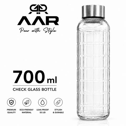 AAR - Elite Toughened Glass Water Bottles, Microwave & Freezer Safe, Leak Proof with Airtight Stainless Steel Gasket Sealed Lid, Scratch Resistant, Transparent - 700ML