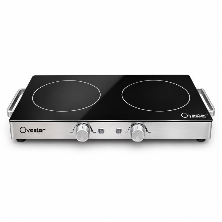Ovastar Dual Pro Infra 2200W Double Burner Infrared Cooktop | 2 Heating Plates, Temperature Control Knobs, Auto Shut-Off & Overheat Protection, Suitable for All Pots, 12 Months Warranty
