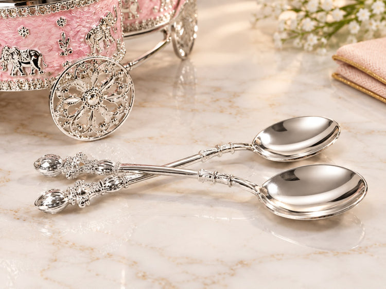 Luxury Pink & Silver Dry Fruit Container Set with Royal Horse Carriage Design, Decorative Stand & 2 Serving Spoons