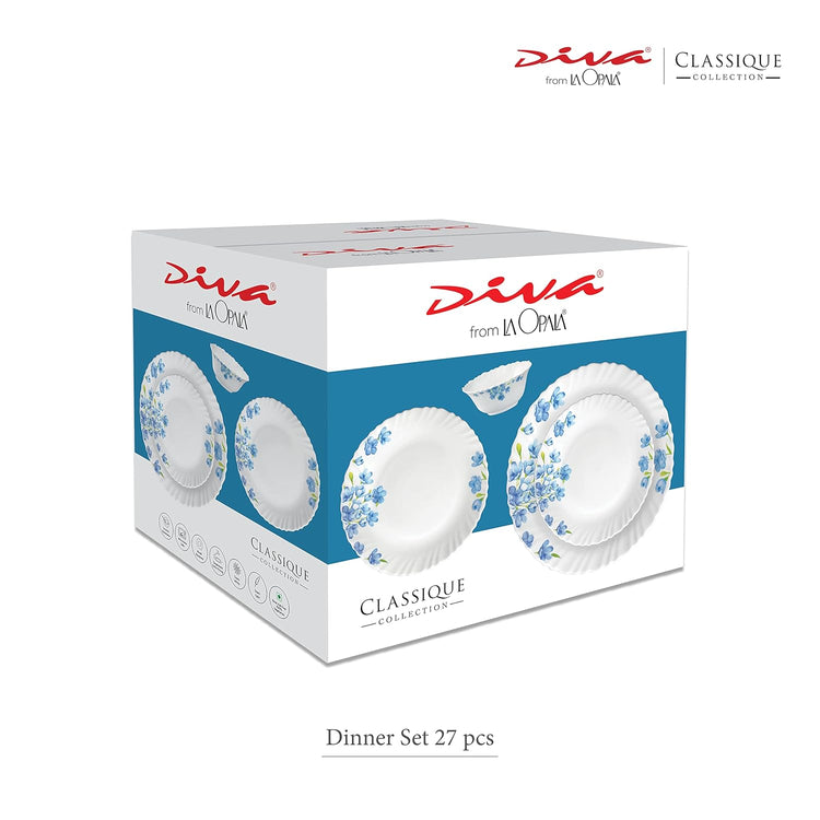 La Opala Diva Classique Collection Opal Glass Crockery | for Family of 6 | Dinner Set 27 pcs Amber Lily | Plates & Bowls for Dining | Microwave Safe | 100% Vegetarian | Extra Strong | White