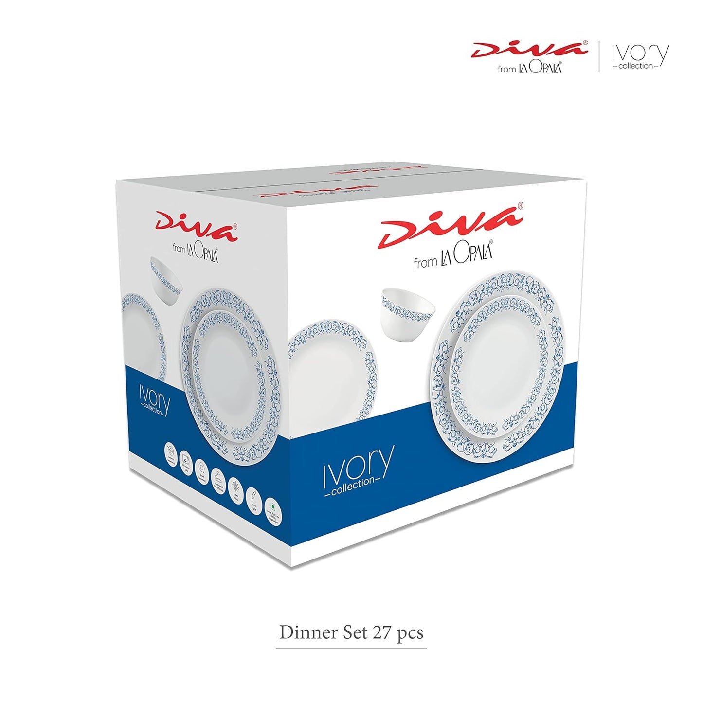 La Opala Diva Ivory Collection Opal Glass Crockery | for Family of 6 | Dinner Set 27 pcs Golden Fall | Plates & Bowls for Dining | Microwave Safe | 100% Vegetarian | Extra Strong | Light & White