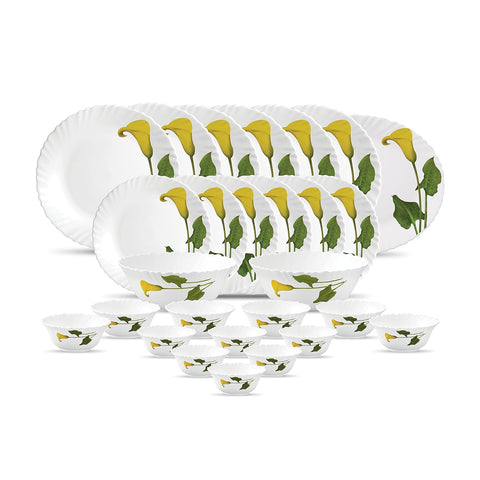 La Opala Diva Classique Collection Opal Glass Crockery | for Family of 6 | Dinner Set 27 pcs Amber Lily | Plates & Bowls for Dining | Microwave Safe | 100% Vegetarian | Extra Strong | White