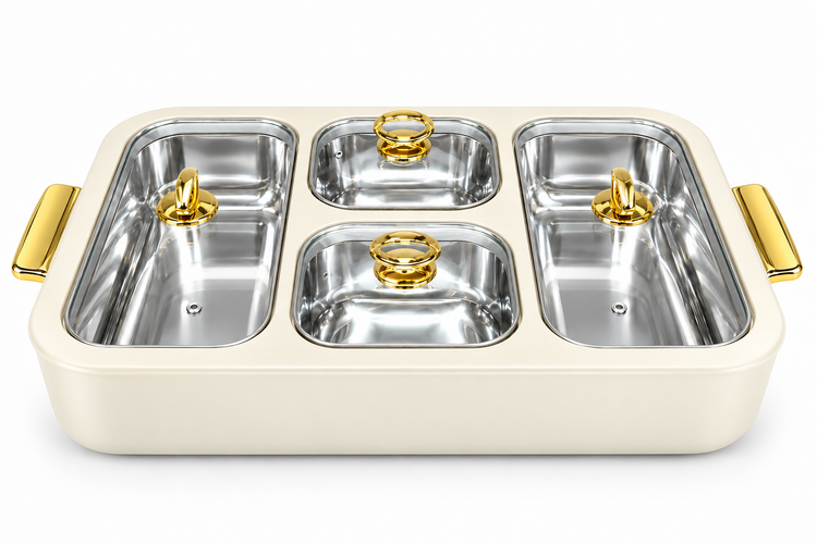 Bonjour Monarch Insulated Stainless Steel Chafing Dish with 2.5L Corner Containers & 1.5L Centre Containers, Glass Lids and Gold Finish Handles-Cream
