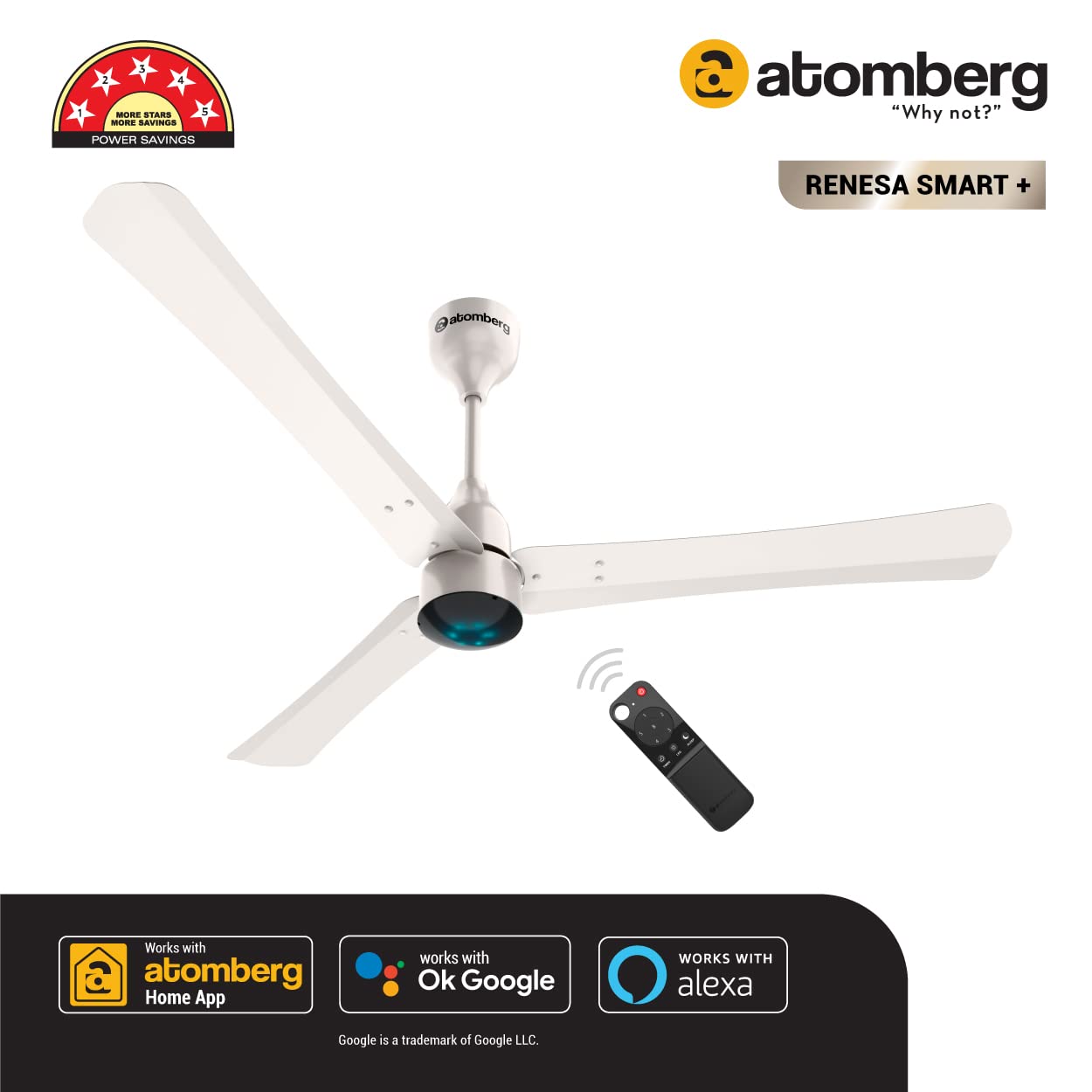 Atomberg Renesa Smart+1200mm BLDC Ceiling Fan with IoT & Remote | Energy Efficient Ceiling Fan | Ceiling fan for Living Room | High Air Delivery with LED Indicators(Pearl White)