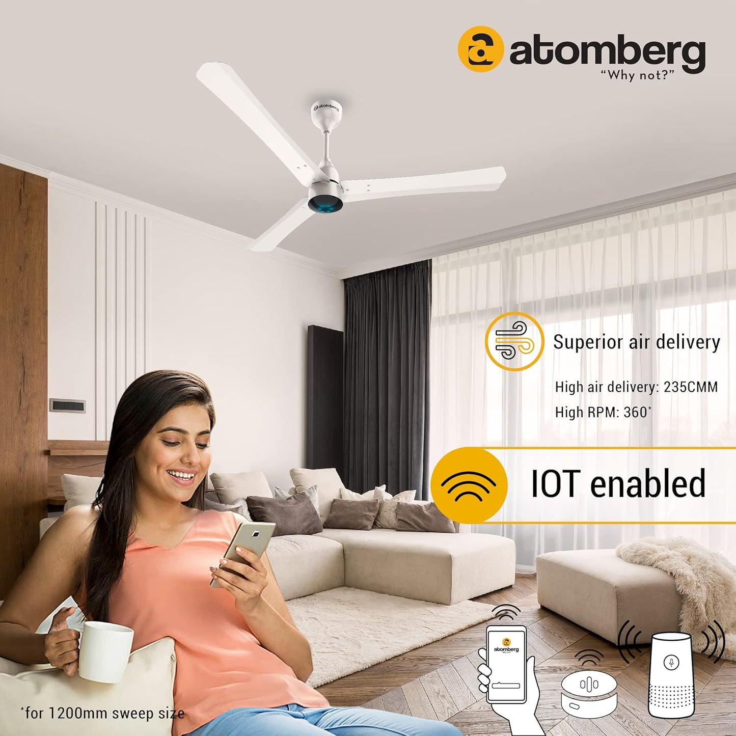 Atomberg Renesa Smart+1200mm BLDC Ceiling Fan with IoT & Remote | Energy Efficient Ceiling Fan | Ceiling fan for Living Room | High Air Delivery with LED Indicators(Pearl White)