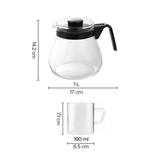 Borosil Prime Tea Set 5 N Glass Kettle 1l+4 Vision Mug 190ml Bgfgbcom0012 - Capacity: 1 Ltr + 190 Ml Milliliter (Ml)