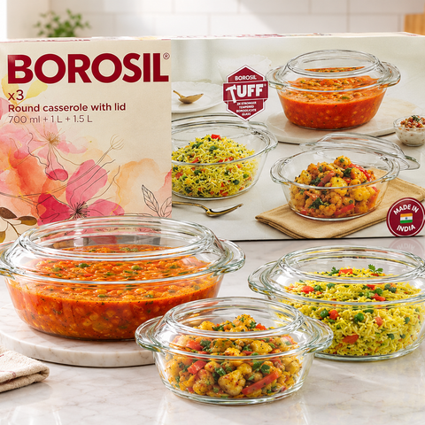 Borosil Tuff Round Glass Casserole Set with Lid | Set of 3 | 700ml + 1L + 1.5L | Borosilicate Glass Food Storage & Serving Bowls | Microwave & Oven Safe (Without Lid)