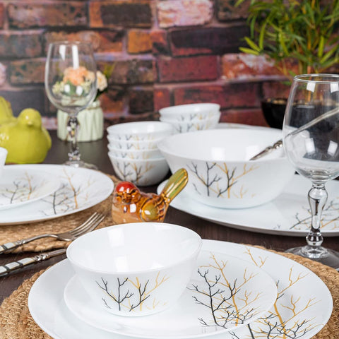 La Opala Diva Ivory Collection Opal Glass Crockery | for Family of 6 | Dinner Set 27 pcs Golden Fall | Plates & Bowls for Dining | Microwave Safe | 100% Vegetarian | Extra Strong | Light & White