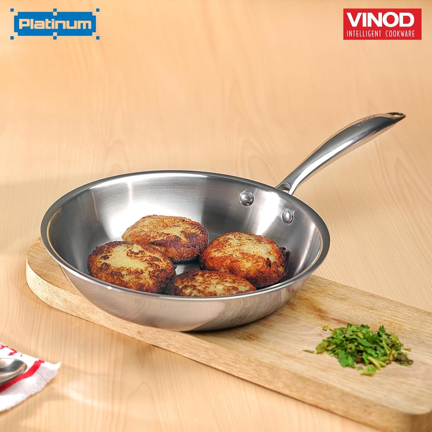 Vinod Platinum Triply Stainless Steel Frypan 22 cm | 2.5 mm Thick | Steel Pan | Scratch Resistant, Non Toxic | 5 Year Warranty | Induction & Gas Friendly, Heavy Bottom