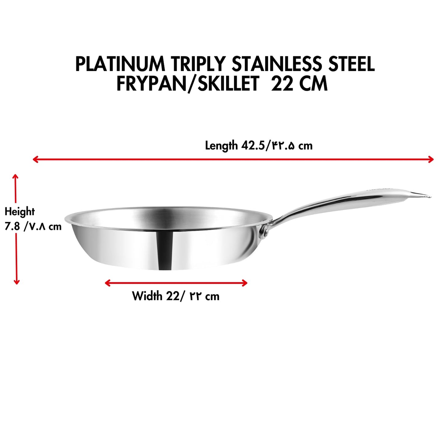 Vinod Platinum Triply Stainless Steel Frypan 22 cm | 2.5 mm Thick | Steel Pan | Scratch Resistant, Non Toxic | 5 Year Warranty | Induction & Gas Friendly, Heavy Bottom