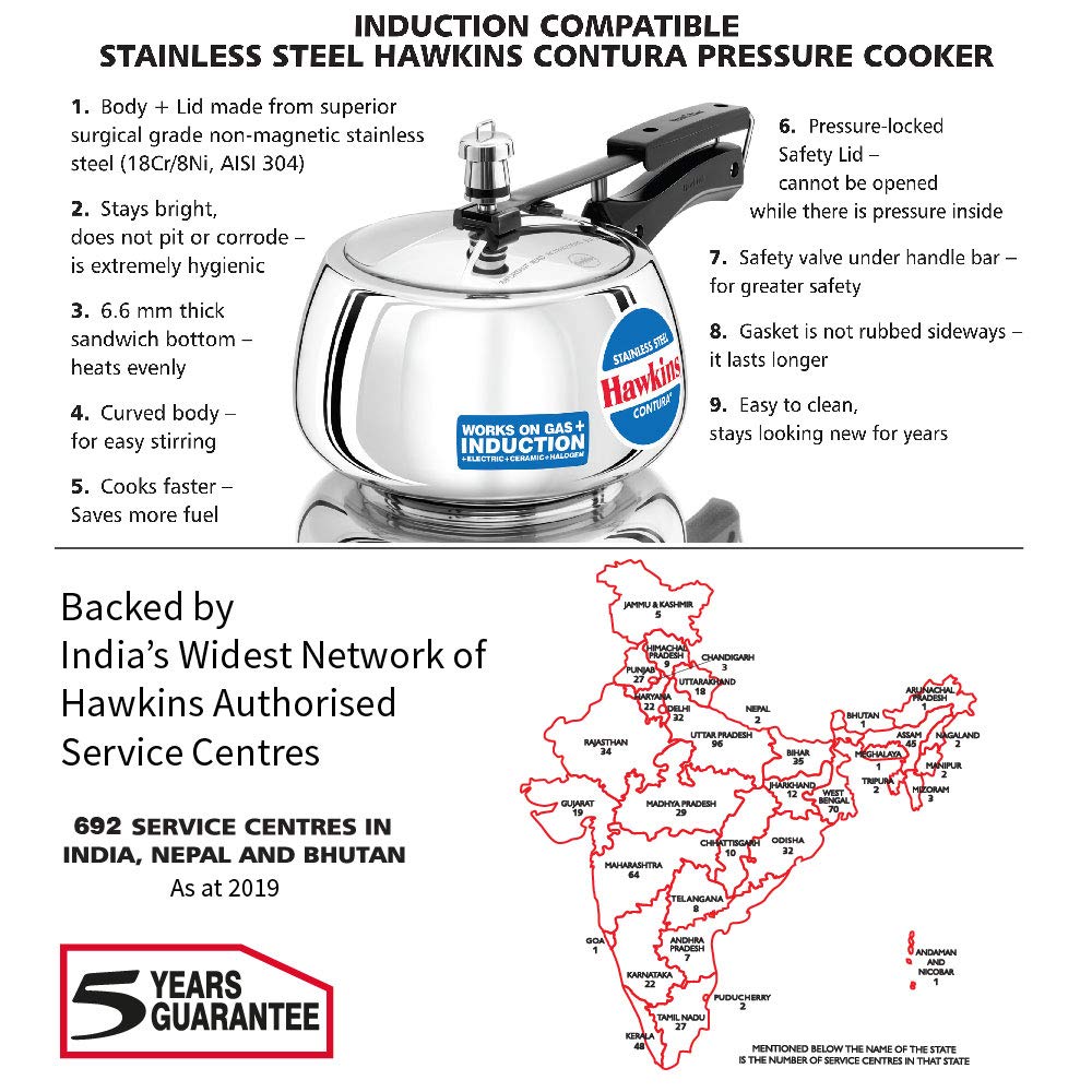 Hawkins 3 Litre Contura Pressure Cooker, Stainless Steel Inner Lid Cooker, Handi Cooker, Induction Cooker, Silver (SSC30)