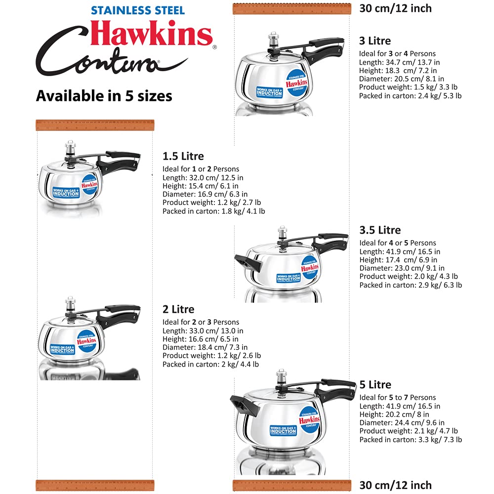 Hawkins 3 Litre Contura Pressure Cooker, Stainless Steel Inner Lid Cooker, Handi Cooker, Induction Cooker, Silver (SSC30)