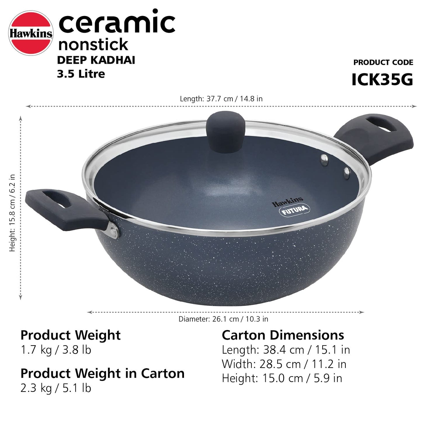 Hawkins Ceramic Nonstick 3.5 Litre Deep Kadhai, Induction Deep Fry Pan with Glass Lid, Granite Kadai (ICK35G)