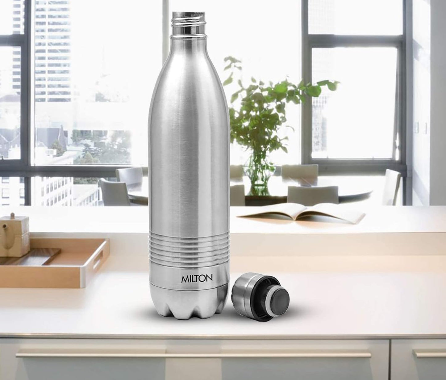 Milton Duo DLX 1000 Thermosteel Bottle, 1000 ml Water Bottles, 24 Hours Hot and Cold, Easy to Carry, Easy Grip, Rust Proof, Tea, Coffee, Office, Travel Bottle, Silver