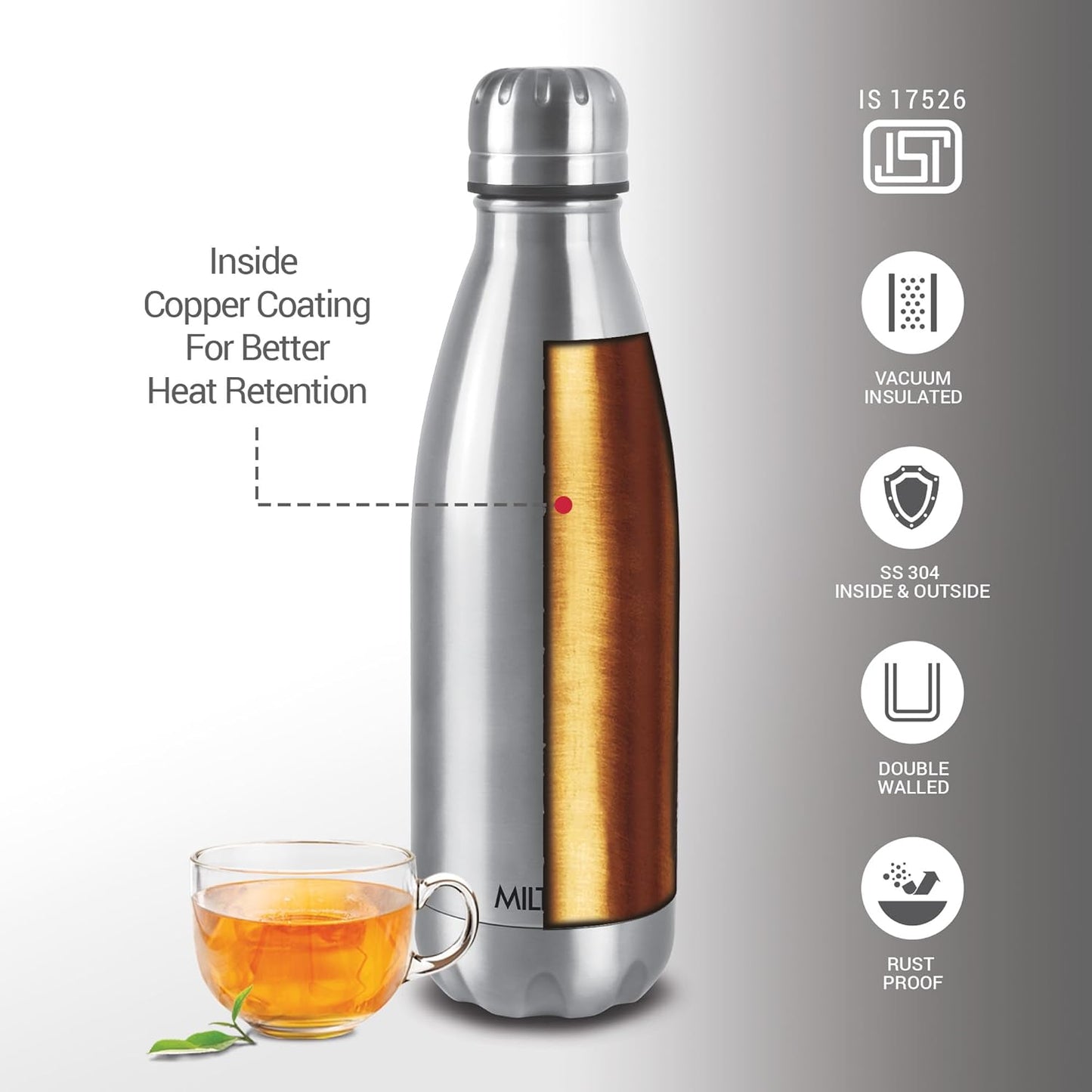 Milton Duo DLX 1000 Thermosteel Bottle, 1000 ml Water Bottles, 24 Hours Hot and Cold, Easy to Carry, Easy Grip, Rust Proof, Tea, Coffee, Office, Travel Bottle, Silver